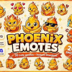 May include: A collection of 20 cartoon phoenix emotes in various expressions. The emotes are primarily yellow and orange, with some featuring hearts, flames, sunglasses, and tears. The image includes the text "Phoenix Emotes" and "Instant Download".
