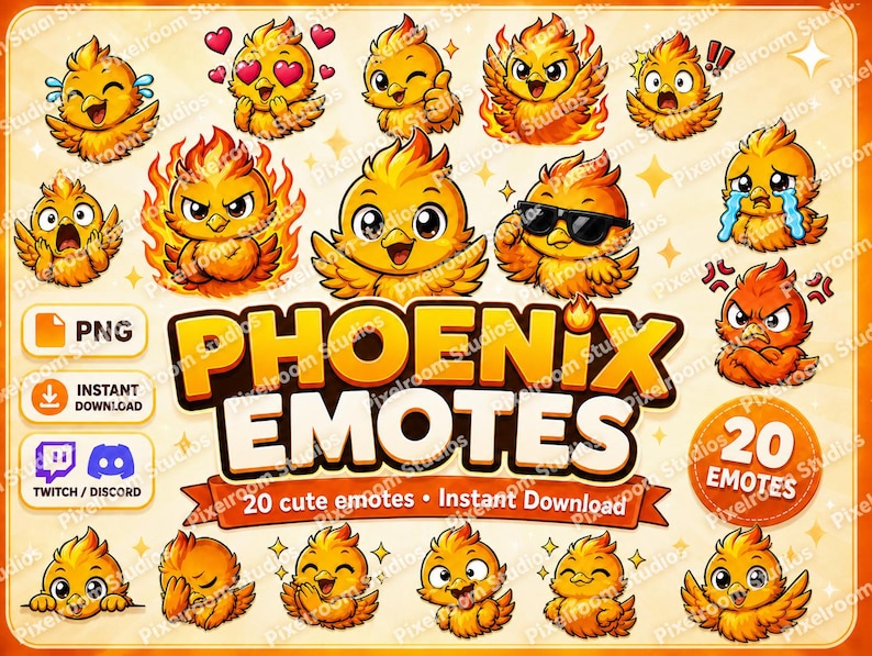 May include: A collection of 20 cartoon phoenix emotes in various expressions. The emotes are primarily yellow and orange, with some featuring hearts, flames, sunglasses, and tears. The image includes the text "Phoenix Emotes" and "Instant Download".