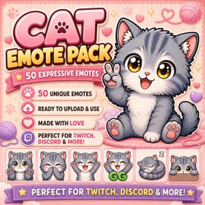 Op de afbeelding: Afbeelding van een "CAT EMOTE PACK" met een grijze cartoonkat met grote gele ogen, die het vredesteken maakt. De afbeelding bevat tekst die 50 expressieve emotes aangeeft, klaar om te uploaden en te gebruiken. Extra katten-emotes worden hieronder getoond.