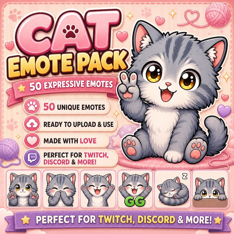 Op de afbeelding: Afbeelding van een "CAT EMOTE PACK" met een grijze cartoonkat met grote gele ogen, die het vredesteken maakt. De afbeelding bevat tekst die 50 expressieve emotes aangeeft, klaar om te uploaden en te gebruiken. Extra katten-emotes worden hieronder getoond.