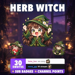 Bruja pelo castaño Twitch Emotes para Discord | Pack de 30 con Sub Badges + Channel Points