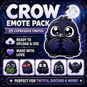 Puede incluir: Gr&aacute;fico digital de un paquete de emoticonos de cuervo, con un cuervo de dibujos animados con ojos grandes. La imagen incluye el texto "CROW EMOTE PACK" y "25 EXPRESSIVE EMOTES". El texto adicional incluye "READY TO UPLOAD & USE" y "MADE WITH LOVE".