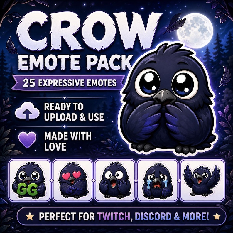 Puede incluir: Gr&aacute;fico digital de un paquete de emoticonos de cuervo, con un cuervo de dibujos animados con ojos grandes. La imagen incluye el texto "CROW EMOTE PACK" y "25 EXPRESSIVE EMOTES". El texto adicional incluye "READY TO UPLOAD & USE" y "MADE WITH LOVE".