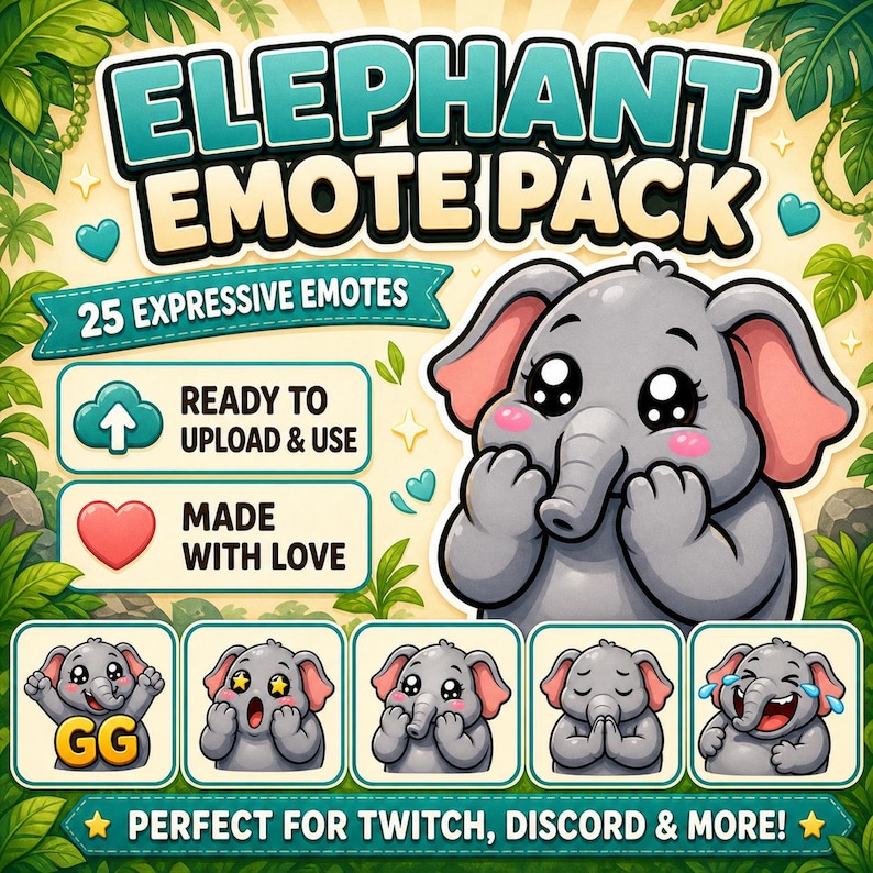 Puede incluir: Gr&aacute;fico de un paquete de emoticonos de elefante con un elefante de dibujos animados en varias expresiones. La imagen incluye texto que dice "25 Emoticonos Expresivos", "Listo para Subir y Usar" y "Hecho con Amor". La parte inferior dice "Perfecto para Twitch, Discord & More!"