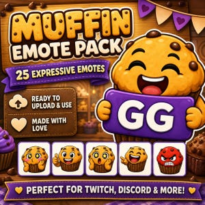 Puede incluir: Gr&aacute;fico digital con un personaje de muffin de dibujos animados con diversas expresiones faciales. La imagen incluye el texto "MUFFIN EMOTE PACK" y "25 EXPRESSIVE EMOTES". Texto adicional dice "READY TO UPLOAD & USE" y "MADE WITH LOVE".
