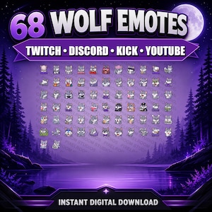 May include: Digital graphic with 68 wolf emotes for Twitch, Discord, Kick, and YouTube. The emotes depict cartoon wolves with diverse expressions and accessories. The background is a purple landscape with a lake and trees, with the text 'Instant Digital Download'.