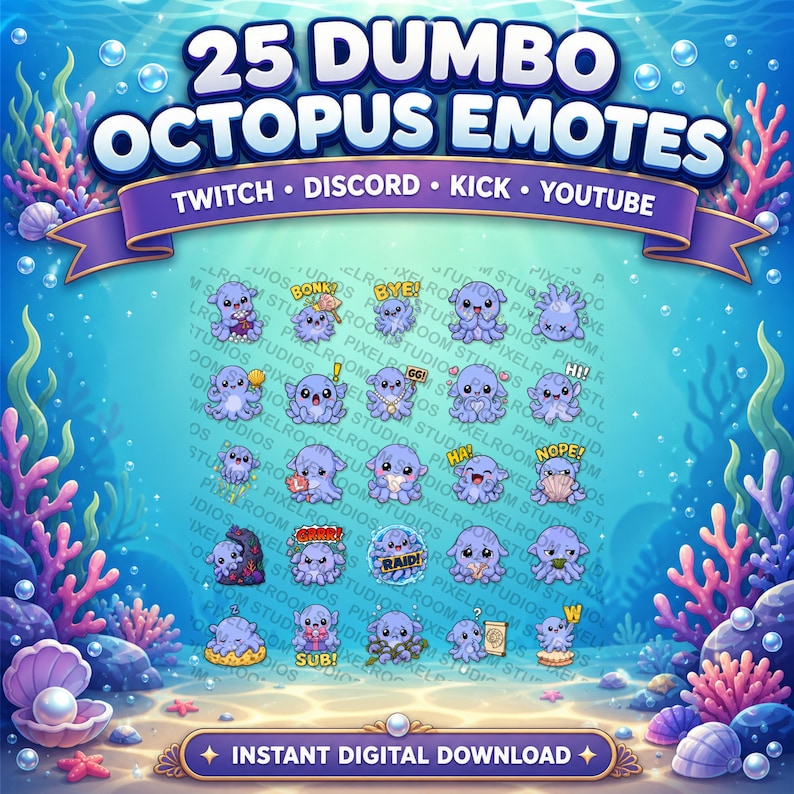 Pu&ograve; includere: Grafica digitale con 25 emoticon a forma di polpo dei cartoni animati. Le emoticon sono in varie pose ed espressioni, con fumetti. Lo sfondo &egrave; una scena sottomarina con coralli e bolle. Il testo recita "Download digitale istantaneo".