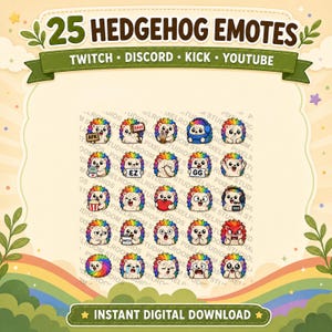 Op de afbeelding: Een digitale afbeelding met 25 egel-emotes met verschillende uitdrukkingen en accessoires, geschikt voor Twitch, Discord, Kick en YouTube. De afbeelding bevat de tekst "25 HEDGEHOG EMOTES" en "INSTANT DIGITAL DOWNLOAD".