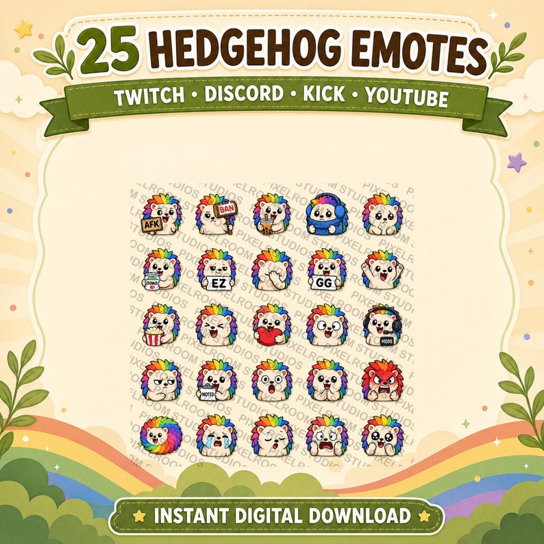 Op de afbeelding: Een digitale afbeelding met 25 egel-emotes met verschillende uitdrukkingen en accessoires, geschikt voor Twitch, Discord, Kick en YouTube. De afbeelding bevat de tekst "25 HEDGEHOG EMOTES" en "INSTANT DIGITAL DOWNLOAD".