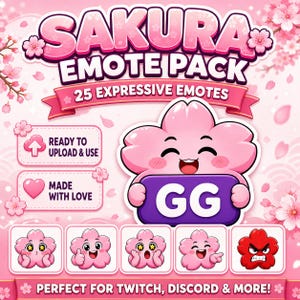 Op de afbeelding: Een roze en paarse Sakura Emote Pack afbeelding met de tekst "SAKURA EMOTE PACK" en "25 EXPRESSIVE EMOTES". De afbeelding toont een lachend roze wolkkarakter dat een paars bord met "GG" vasthoudt, en verschillende andere emote voorbeelden.