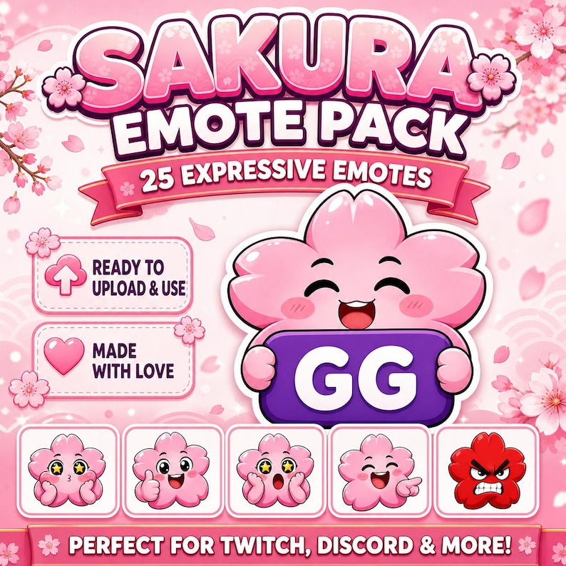 Op de afbeelding: Een roze en paarse Sakura Emote Pack afbeelding met de tekst "SAKURA EMOTE PACK" en "25 EXPRESSIVE EMOTES". De afbeelding toont een lachend roze wolkkarakter dat een paars bord met "GG" vasthoudt, en verschillende andere emote voorbeelden.