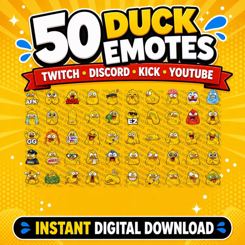 Puede incluir: Gr&aacute;fico digital con 50 emoticonos de pato para Twitch, Discord, Kick y YouTube. El dise&ntilde;o incluye varios personajes de pato con diferentes expresiones y el texto "Instant Digital Download."
