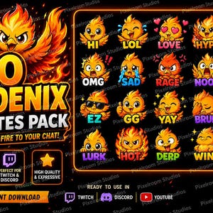 Puede incluir: Un paquete de arte digital con 20 emotes de f&eacute;nix, cada uno con una expresi&oacute;n y un bocadillo de texto diferentes. Los emotes son en tonos naranja y amarillo, con texto como "HI", "LOL" y "LOVE". Dise&ntilde;ado para Twitch y Discord.