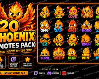 Mini Phoenix Emote Pack for Twitch and Discord | 20 Fire Bird Reactions