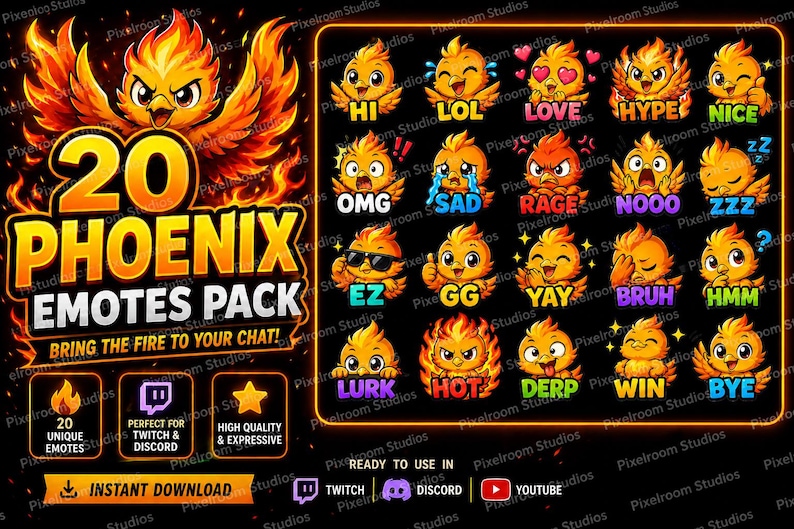 Puede incluir: Un paquete de arte digital con 20 emotes de f&eacute;nix, cada uno con una expresi&oacute;n y un bocadillo de texto diferentes. Los emotes son en tonos naranja y amarillo, con texto como "HI", "LOL" y "LOVE". Dise&ntilde;ado para Twitch y Discord.