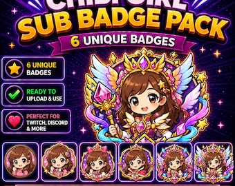 Emblemas de Assinatura Chibi Girl para Twitch | 6 Ícones de Assinatura Mágicos e Fofos