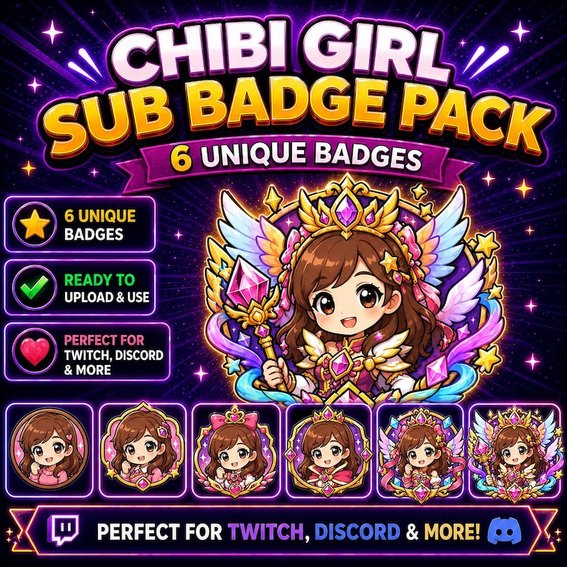 K&ouml;nnte beinhalten: Ein digitales Grafikpaket mit Chibi-Girl-Thema. Das Bild enth&auml;lt den Text "CHIBI GIRL SUB BADGE PACK" und "6 UNIQUE BADGES". Das Paket ist "READY TO UPLOAD & USE" und "PERFECT FOR TWITCH, DISCORD & MORE!"