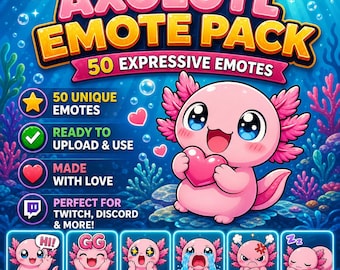 Axolotl Emote Pack for Twitch and Discord | 50 Pink Kawaii Reactions