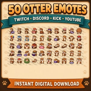 Puede incluir: Un gr&aacute;fico de descarga digital con 50 emotes de nutria para Twitch, Discord, Kick y YouTube. Los emotes de nutria marr&oacute;n tienen varias expresiones y accesorios. La imagen incluye el texto "50 OTTER EMOTES" y "DESCARGA DIGITAL INSTANT&Aacute;NEA".