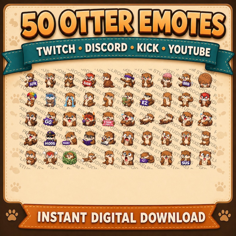 Puede incluir: Un gr&aacute;fico de descarga digital con 50 emotes de nutria para Twitch, Discord, Kick y YouTube. Los emotes de nutria marr&oacute;n tienen varias expresiones y accesorios. La imagen incluye el texto "50 OTTER EMOTES" y "DESCARGA DIGITAL INSTANT&Aacute;NEA".