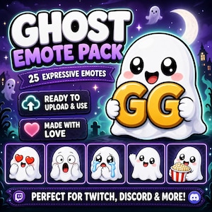Op de afbeelding: Een digitaal kunstpakket met een schattig spook dat de letters "GG" in goud vasthoudt. De afbeelding bevat de tekst "GHOST EMOTE PACK" en "25 EXPRESSIVE EMOTES". Extra emotes tonen verschillende uitdrukkingen. De achtergrond toont een spookachtige nachtsc&egrave;ne.