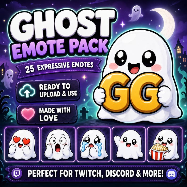 Op de afbeelding: Een digitaal kunstpakket met een schattig spook dat de letters "GG" in goud vasthoudt. De afbeelding bevat de tekst "GHOST EMOTE PACK" en "25 EXPRESSIVE EMOTES". Extra emotes tonen verschillende uitdrukkingen. De achtergrond toont een spookachtige nachtsc&egrave;ne.