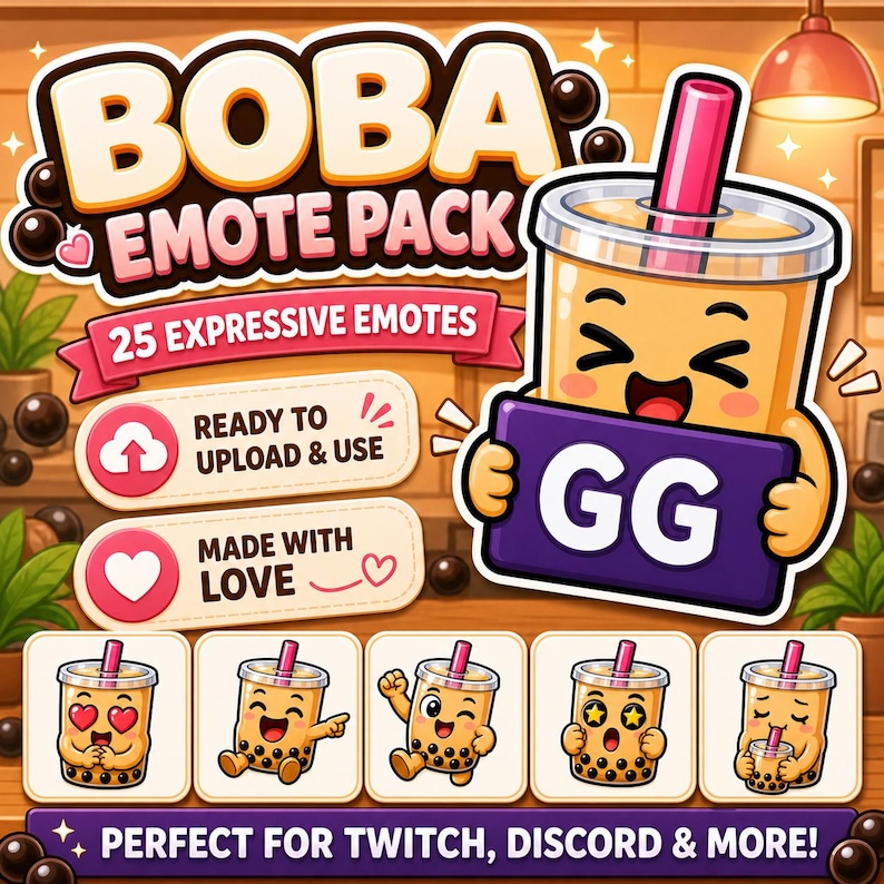 May include: A digital graphic advertising a "BOBA EMOTE PACK" with 25 expressive emotes. The image features a cartoon boba drink character holding a purple sign with "GG" on it. Text includes "READY TO UPLOAD & USE" and "MADE WITH LOVE".