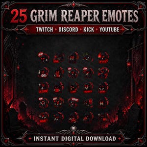 Puede incluir: Gr&aacute;fico digital con 25 emotes de la Parca en rojo y negro. Dise&ntilde;ado para Twitch, Discord, Kick y YouTube. La imagen incluye el texto "25 Grim Reaper Emotes" y "Instant Digital Download."