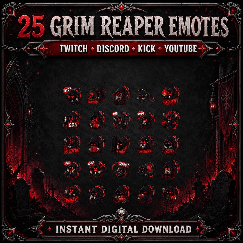 Puede incluir: Gr&aacute;fico digital con 25 emotes de la Parca en rojo y negro. Dise&ntilde;ado para Twitch, Discord, Kick y YouTube. La imagen incluye el texto "25 Grim Reaper Emotes" y "Instant Digital Download."