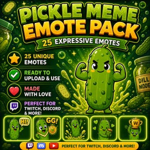 Peut inclure: Graphique num&eacute;rique avec un personnage de cornichon vert muscl&eacute;, avec le texte "PICKLE MEME EMOTE PACK" en jaune et vert. L'image comprend 25 emotes uniques, pr&ecirc;tes &agrave; &ecirc;tre t&eacute;l&eacute;charg&eacute;es et utilis&eacute;es, parfaites pour Twitch, Discord, et plus encore.