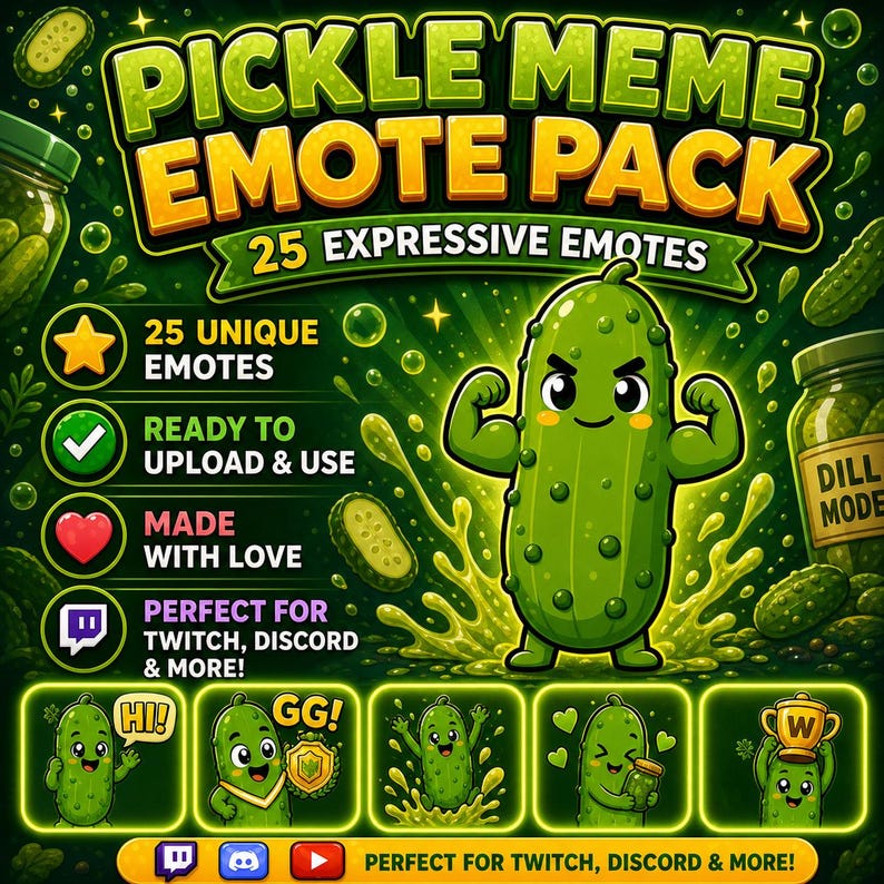 Peut inclure: Graphique num&eacute;rique avec un personnage de cornichon vert muscl&eacute;, avec le texte "PICKLE MEME EMOTE PACK" en jaune et vert. L'image comprend 25 emotes uniques, pr&ecirc;tes &agrave; &ecirc;tre t&eacute;l&eacute;charg&eacute;es et utilis&eacute;es, parfaites pour Twitch, Discord, et plus encore.