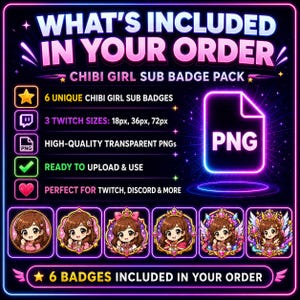 K&ouml;nnte beinhalten: Ein digitales Produktbild mit Neon-Design. Der Text lautet "WHAT'S INCLUDED IN YOUR ORDER" und "CHIBI GIRL SUB BADGE PACK". Es zeigt sechs Chibi-Girl-Sub-Badges, transparente PNGs, die zum Hochladen bereit sind und perfekt f&uuml;r Twitch und Discord geeignet sind.