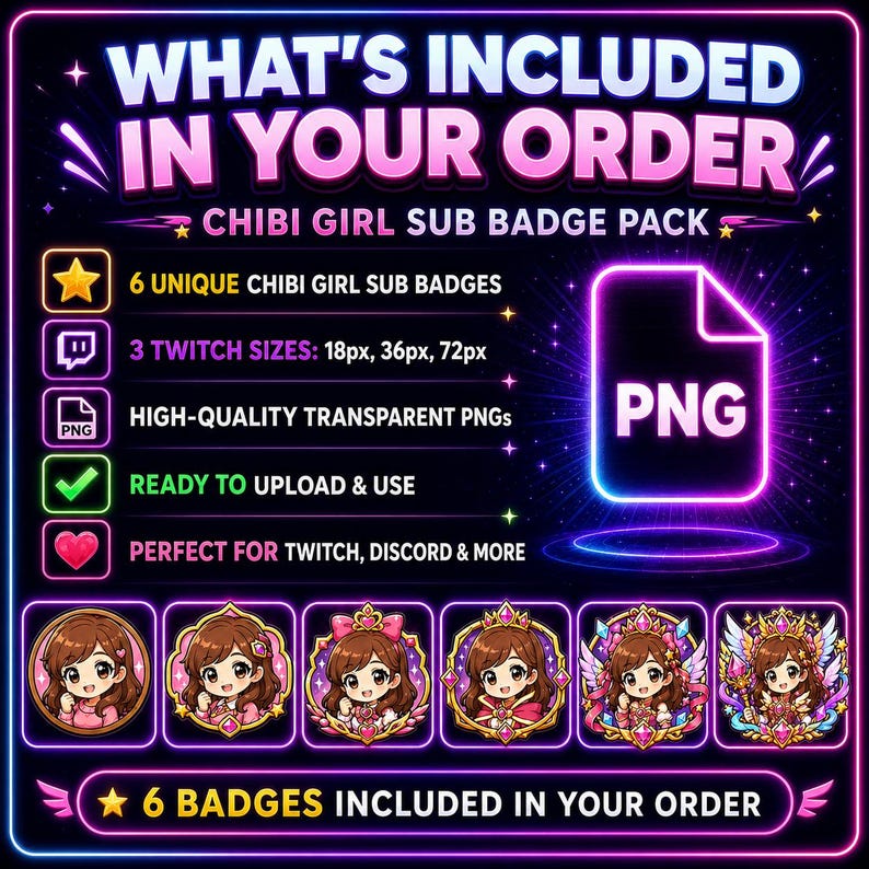 K&ouml;nnte beinhalten: Ein digitales Produktbild mit Neon-Design. Der Text lautet "WHAT'S INCLUDED IN YOUR ORDER" und "CHIBI GIRL SUB BADGE PACK". Es zeigt sechs Chibi-Girl-Sub-Badges, transparente PNGs, die zum Hochladen bereit sind und perfekt f&uuml;r Twitch und Discord geeignet sind.