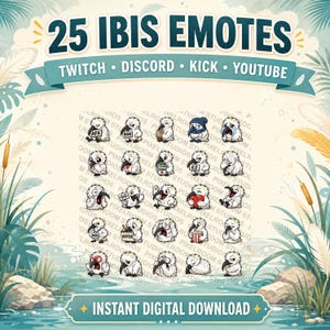 Puede incluir: Descarga digital con 25 emotes de Ibis para Twitch, Discord, Kick y YouTube. Los emotes muestran diversas expresiones y acciones. La imagen incluye el texto "25 IBIS EMOTES" y "INSTANT DIGITAL DOWNLOAD".
