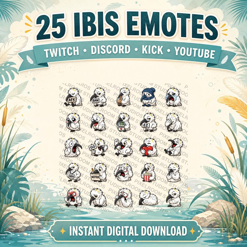 Puede incluir: Descarga digital con 25 emotes de Ibis para Twitch, Discord, Kick y YouTube. Los emotes muestran diversas expresiones y acciones. La imagen incluye el texto "25 IBIS EMOTES" y "INSTANT DIGITAL DOWNLOAD".