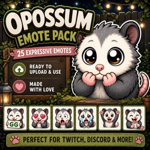 Peut inclure: Un pack d'&eacute;motic&ocirc;nes d'opossum avec 25 &eacute;motic&ocirc;nes expressives. L'image pr&eacute;sente un mignon opossum de dessin anim&eacute; avec de grands yeux et un nez rose. Le texte indique "READY TO UPLOAD & USE" et "MADE WITH LOVE". La banni&egrave;re du bas dit "PERFECT FOR TWITCH, DISCORD & MORE!"