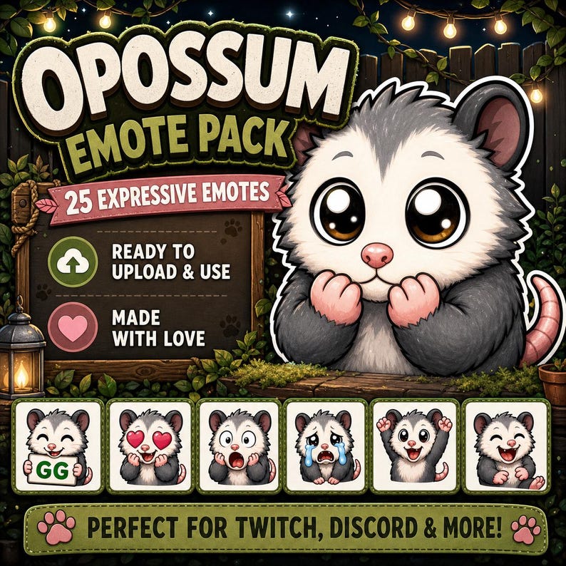 Peut inclure: Un pack d'&eacute;motic&ocirc;nes d'opossum avec 25 &eacute;motic&ocirc;nes expressives. L'image pr&eacute;sente un mignon opossum de dessin anim&eacute; avec de grands yeux et un nez rose. Le texte indique "READY TO UPLOAD & USE" et "MADE WITH LOVE". La banni&egrave;re du bas dit "PERFECT FOR TWITCH, DISCORD & MORE!"