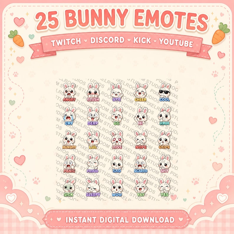Op de afbeelding: Een digitale downloadafbeelding met 25 konijnenemotes met verschillende uitdrukkingen. De emotes zijn in een schattige cartoonstijl en bevatten woorden als "Angry", "Blush" en "Yay". De afbeelding bevat ook de tekst "Twitch", "Discord", "Kick" en "YouTube".