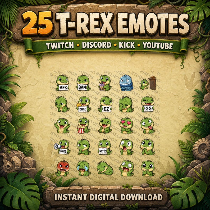 Puede incluir: Un gr&aacute;fico de descarga digital con 25 emotes de T-Rex de dibujos animados para Twitch, Discord, Kick y YouTube. Los emotes son dinosaurios verdes con diversas expresiones, sobre un fondo de pergamino con bordes de jungla.