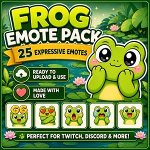 Op de afbeelding: Een digitale afbeelding van een groene kikker met grote ogen en verschillende uitdrukkingen. De afbeelding bevat de tekst "FROG EMOTE PACK" en "25 EXPRESSIVE EMOTES". Extra tekst luidt "READY TO UPLOAD & USE" en "MADE WITH LOVE".