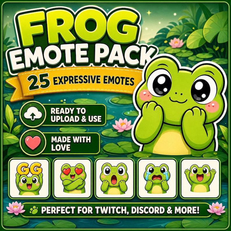 Op de afbeelding: Een digitale afbeelding van een groene kikker met grote ogen en verschillende uitdrukkingen. De afbeelding bevat de tekst "FROG EMOTE PACK" en "25 EXPRESSIVE EMOTES". Extra tekst luidt "READY TO UPLOAD & USE" en "MADE WITH LOVE".