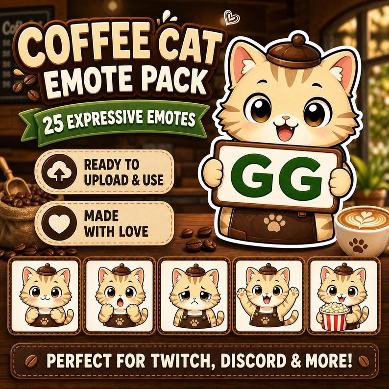 May include: Digital artwork of a Coffee Cat Emote Pack with 25 expressive emotes. The main image shows a cartoon cat holding a sign with "GG" on it. The image includes coffee beans, a coffee cup, and text that reads "Ready to Upload & Use" and "Made with Love."
