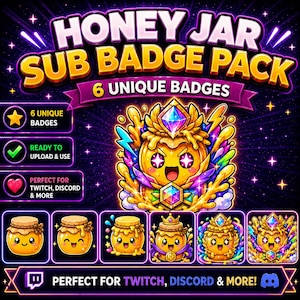 May include: A digital graphic pack titled "Honey Jar Sub Badge Pack" featuring six unique cartoon honey jar badges. The badges are in a vibrant color palette with a purple and black background. The text includes "6 Unique Badges" and "Ready to Upload & Use".