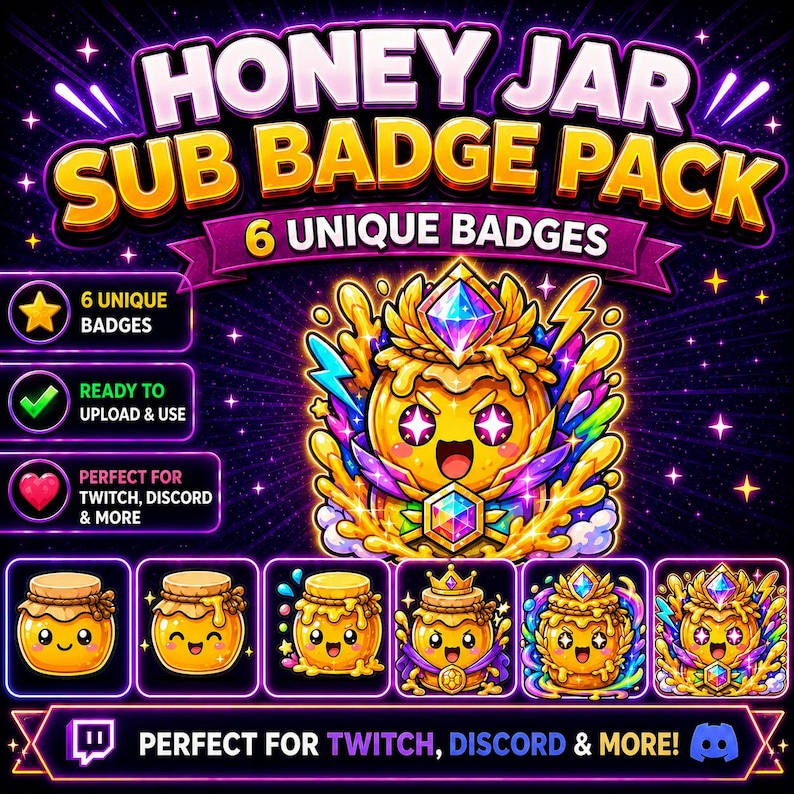 May include: A digital graphic pack titled "Honey Jar Sub Badge Pack" featuring six unique cartoon honey jar badges. The badges are in a vibrant color palette with a purple and black background. The text includes "6 Unique Badges" and "Ready to Upload & Use".