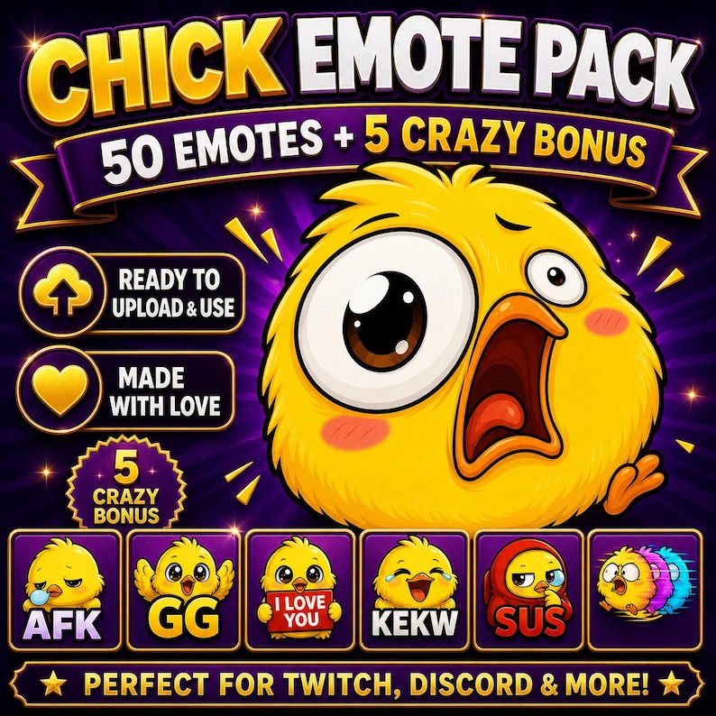 May include: A digital art graphic for a "Chick Emote Pack" featuring a cartoon chick with a wide open mouth and large eyes. The pack includes 50 emotes plus 5 bonus emotes, ready to upload and use. The text reads "Perfect for Twitch, Discord & More!"