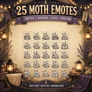 May include: A digital download graphic with 25 moth emotes for Twitch, Discord, Kick, and YouTube. The emotes are in shades of grey and white, each with a different expression. The image includes the text "25 MOTH EMOTES" and "INSTANT DIGITAL DOWNLOAD."