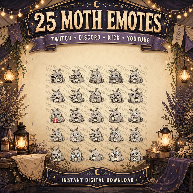 May include: A digital download graphic with 25 moth emotes for Twitch, Discord, Kick, and YouTube. The emotes are in shades of grey and white, each with a different expression. The image includes the text "25 MOTH EMOTES" and "INSTANT DIGITAL DOWNLOAD."