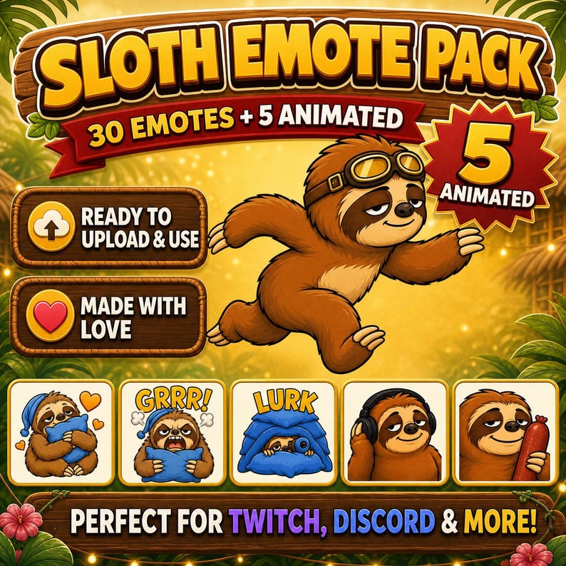 May include: A digital sloth emote pack featuring 30 static and 5 animated emotes. The main graphic shows a brown sloth wearing goggles. Smaller squares display sloths with a pillow, growling, lurking under a blanket, wearing headphones, and holding a sausage.