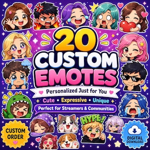 Pu&ograve; includere: Grafica digitale con 20 emote personalizzate che esprimono varie emozioni. Il testo recita "20 Custom Emotes" e "Personalizzato solo per te". Ideale per streamer e comunit&agrave;, con opzione di download digitale.