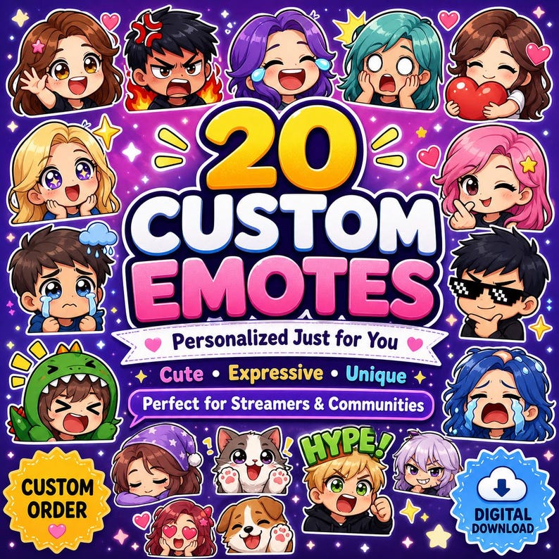 Pu&ograve; includere: Grafica digitale con 20 emote personalizzate che esprimono varie emozioni. Il testo recita "20 Custom Emotes" e "Personalizzato solo per te". Ideale per streamer e comunit&agrave;, con opzione di download digitale.